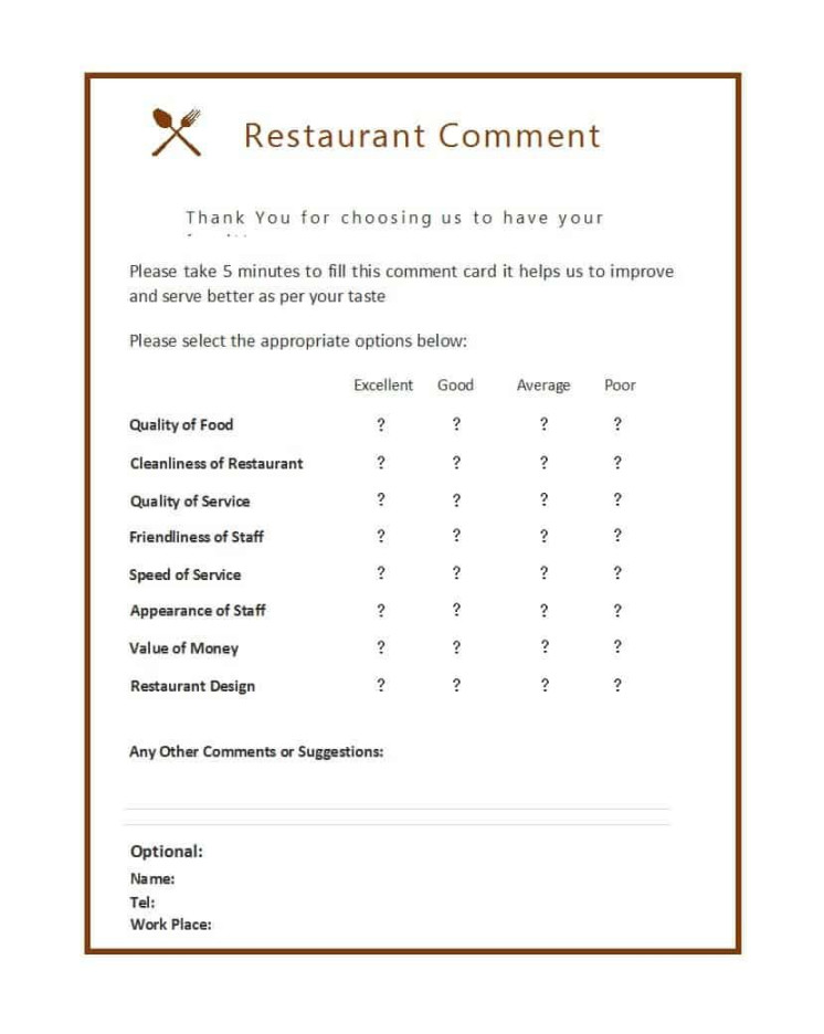 Restaurant Comment Card Templates - Free Sample Templates