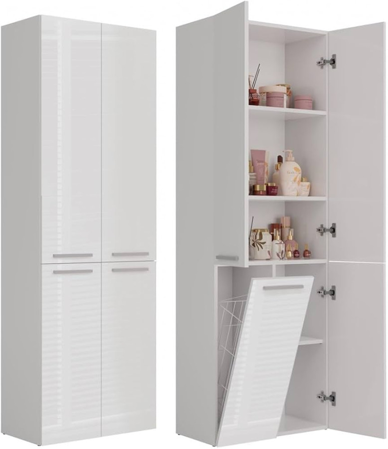 ADGO Badezimmerschrank mit Wäschekorb Nel - Kleiderschrank - Badezimmermöbel - Badezimmerregal - Aufbewahrungsschrank - Bad Hochschrank - ADGO Badezimmerschrank mit Wäschekorb Nel - Kleiderschrank - Badezimmermöbel - Badezimmerregal - Aufbewahrungsschrank - Bad Hochschrank -