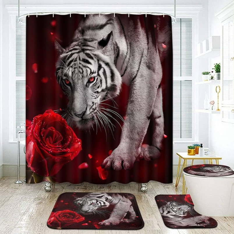 Arttown Rote Badezimmer-Sets mit Duschvorhang und Teppichen und Zubehör,  Rosen-Duschvorhang-Sets, Tiger-Duschvorhänge für Badezimmer, rote