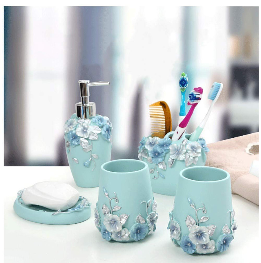 LOHOX Bad-Accessoires-Set -teilig Blumen-Design Bloom Badezimmer-Set Seifenspender, Zahnbürstenhalter/Zahnputzbecher, Seifenschale LOHOX Bad-Accessoires-Set -teilig Blumen-Design Bloom Badezimmer-Set Seifenspender, Zahnbürstenhalter/Zahnputzbecher, Seifenschale