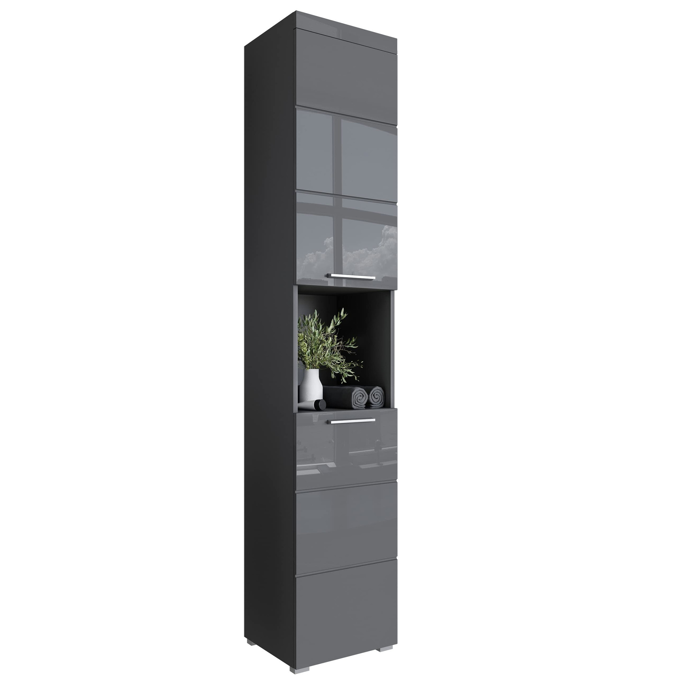 Newroom Badezimmerschrank Hochschrank Grau Hochglanz mit viel Newroom Badezimmerschrank Hochschrank Grau Hochglanz mit viel