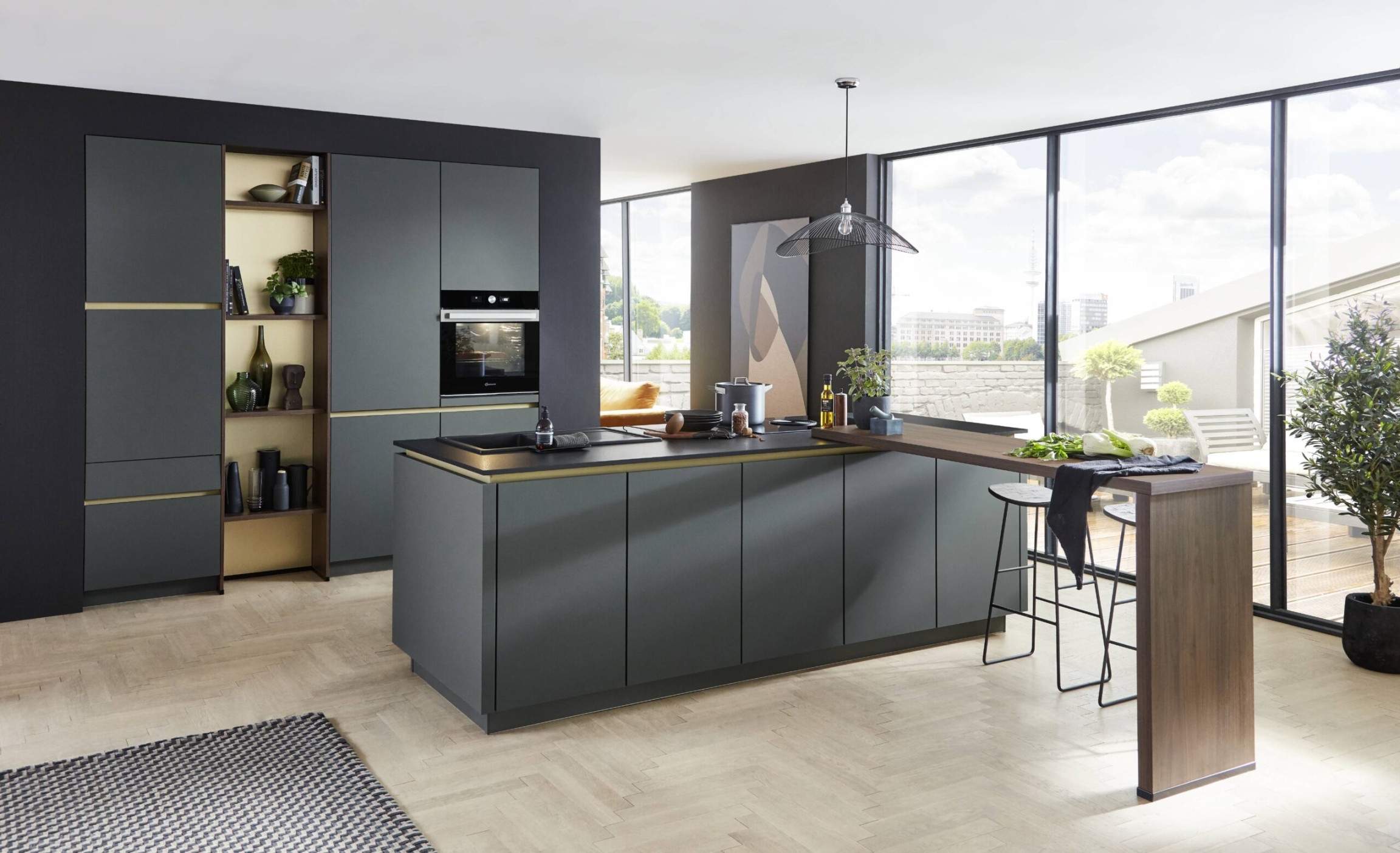 Nobilia Easytouch Mineralgrün Ultramatt Insel-Küche modern BORA